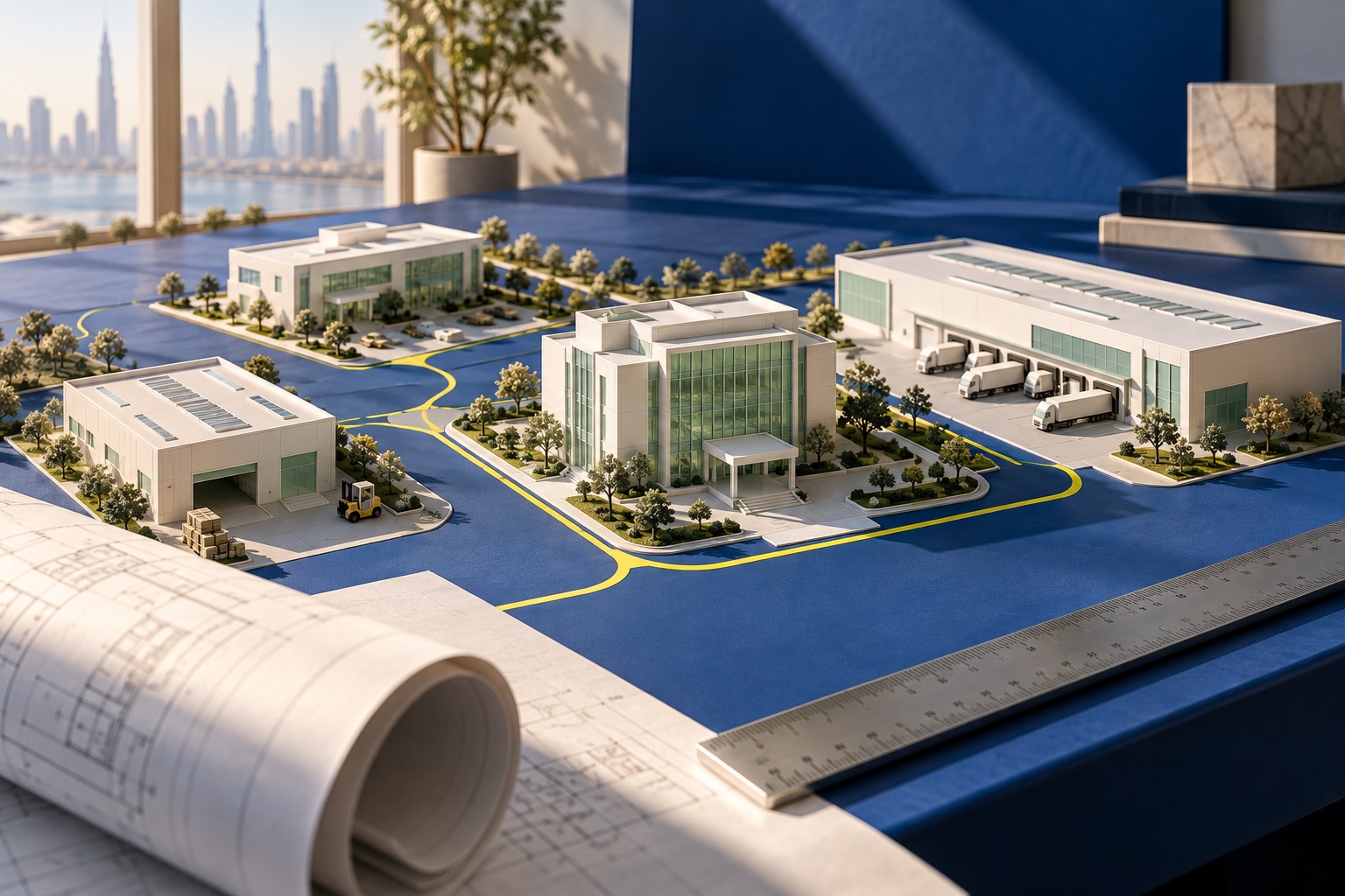 Conceptual architectural model connecting offices, production and distribution to illustrate business growth