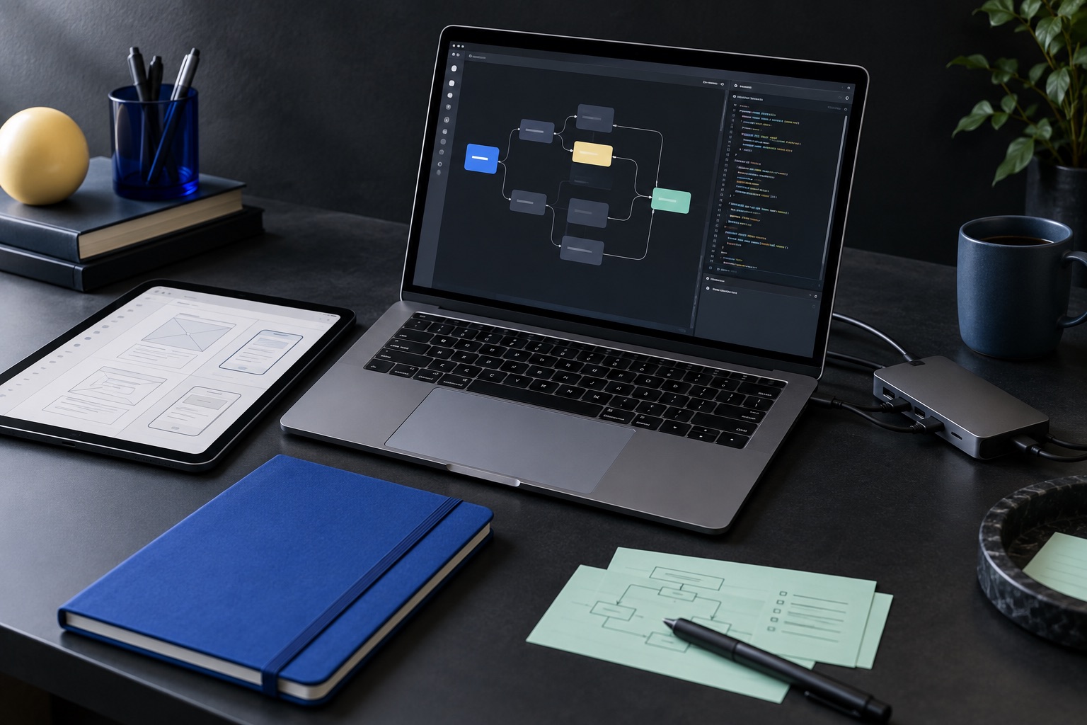 Workspace with an open laptop displaying a flowchart and code editor, a tablet showing wireframe sketches, a closed blue notebook, green papers with flow diagrams and a pen, stacked books with a pen holder, and a coffee cup on a dark desk.