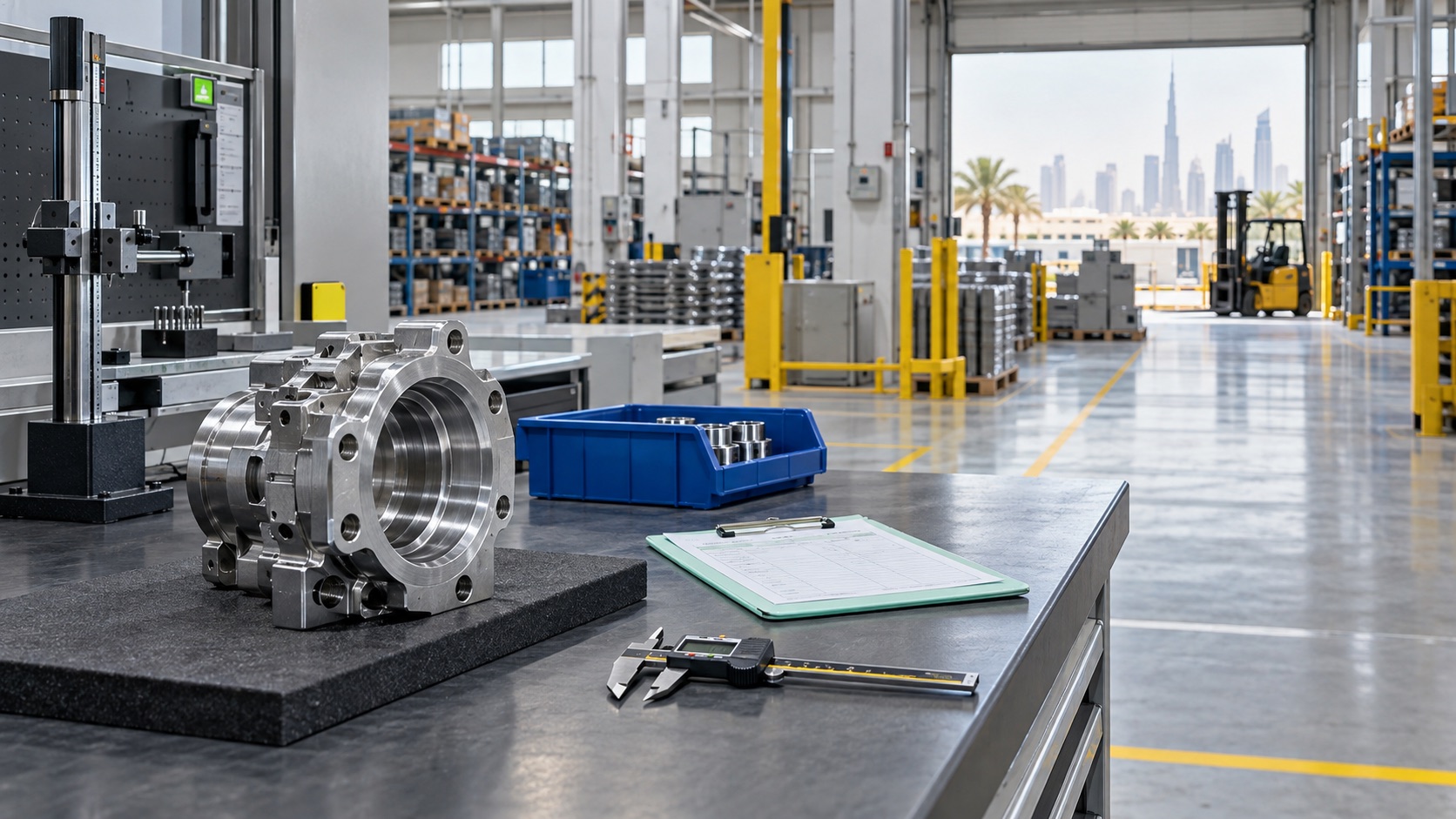 Manufacturing quality-control workstation with a machined component, measuring tool and process documentation.