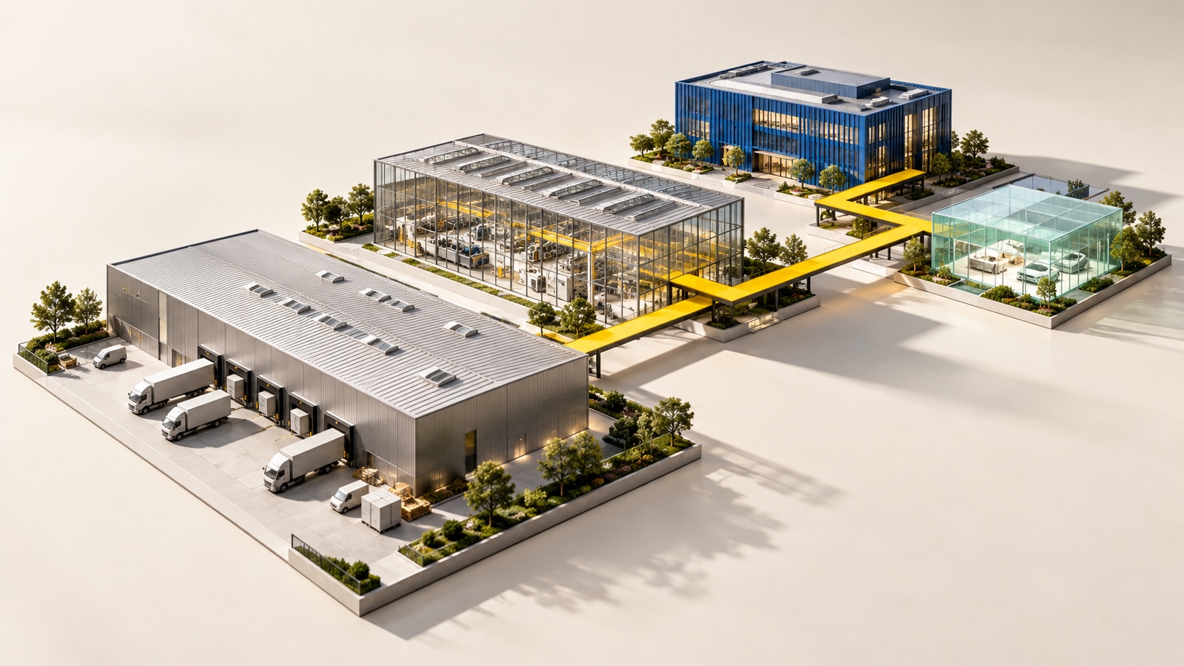 Illustrative architectural model connecting a commercial headquarters, customer showroom, manufacturing workshop and logistics centre.