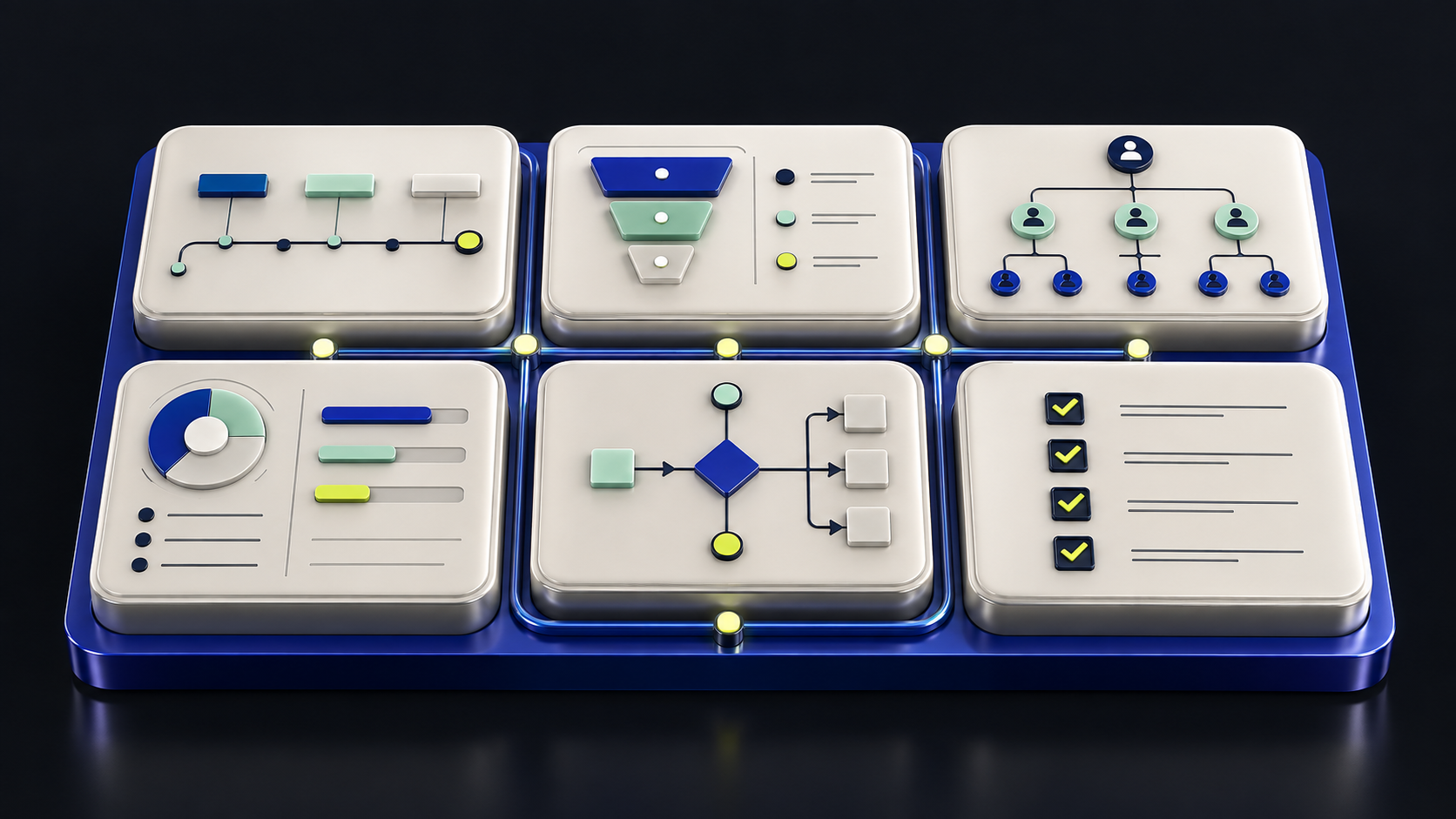 Conceptual business console connecting strategy, customers, people, finance, automation and governance.