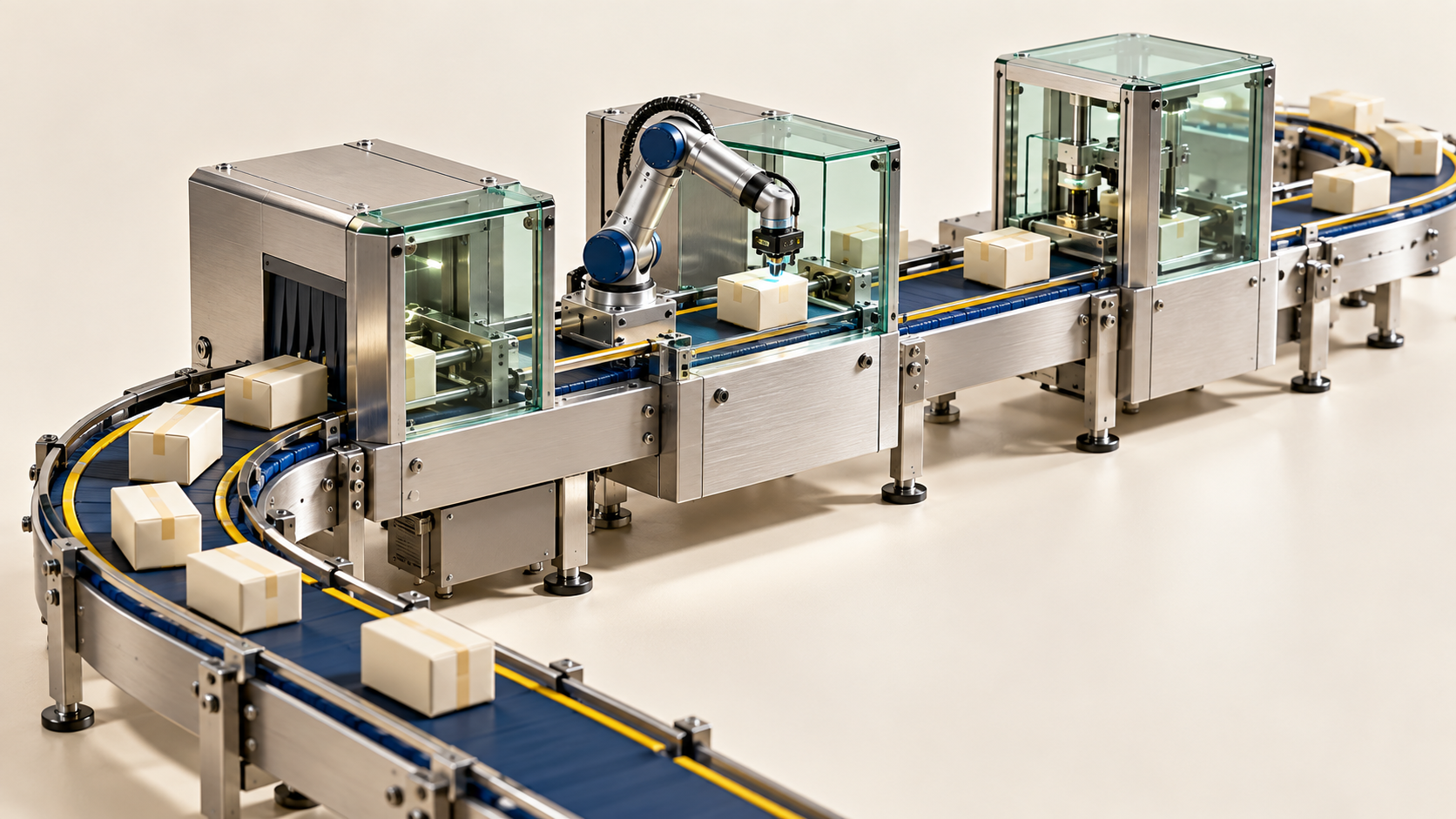 Automated conveyor system with a robotic arm scanning packages moving along the belt in a packaging facility.