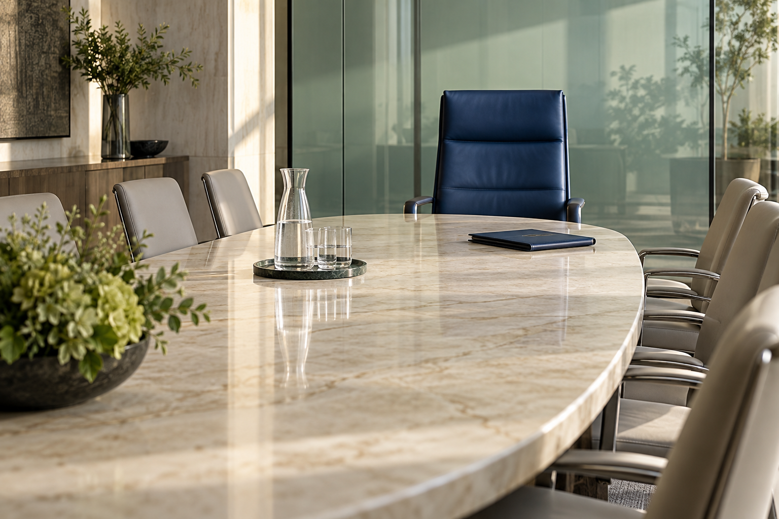 An empty executive chair at the head of a boardroom table.