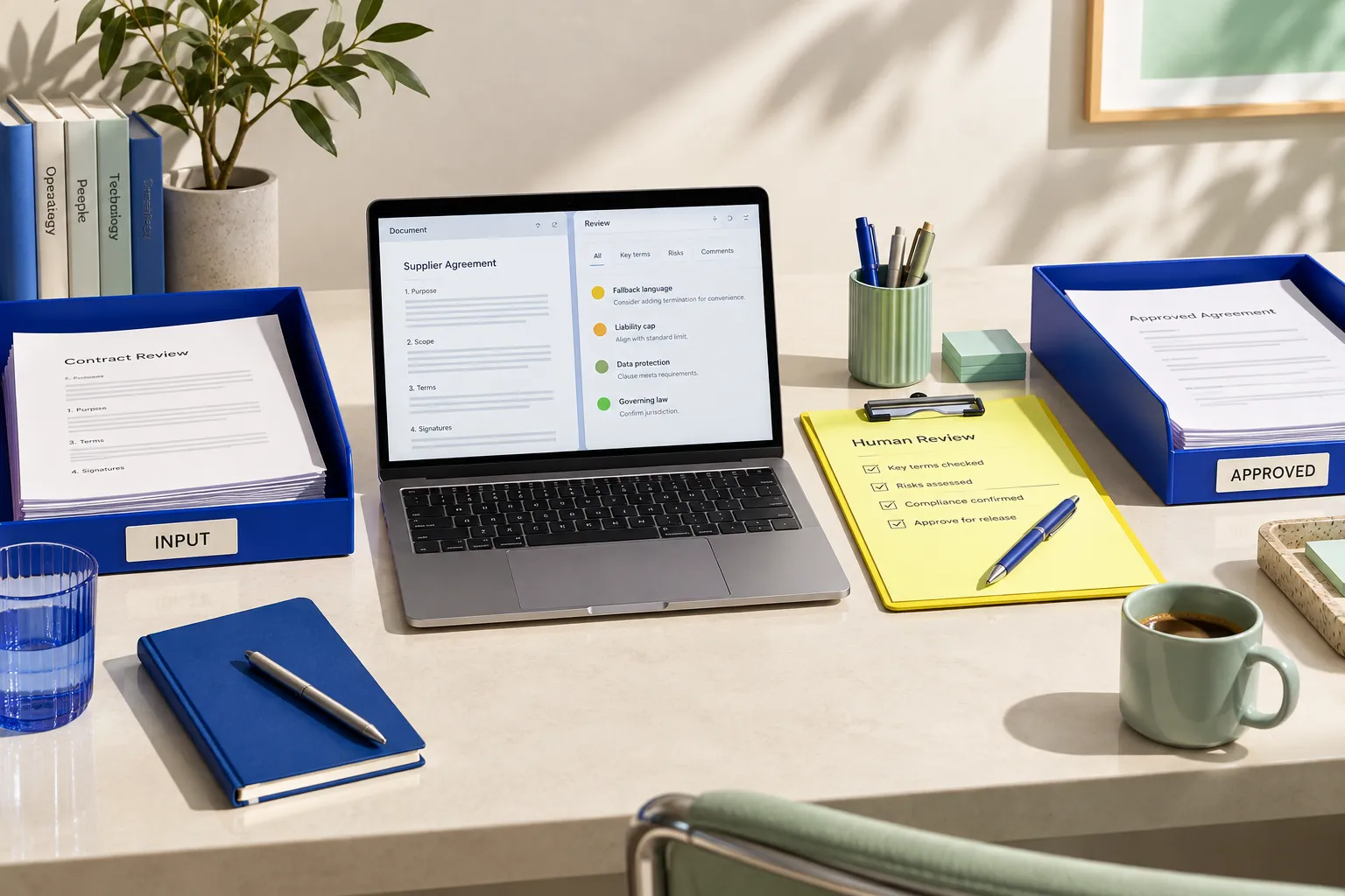 Conceptual service visual: Input documents, an AI review interface and a human approval checkpoint.