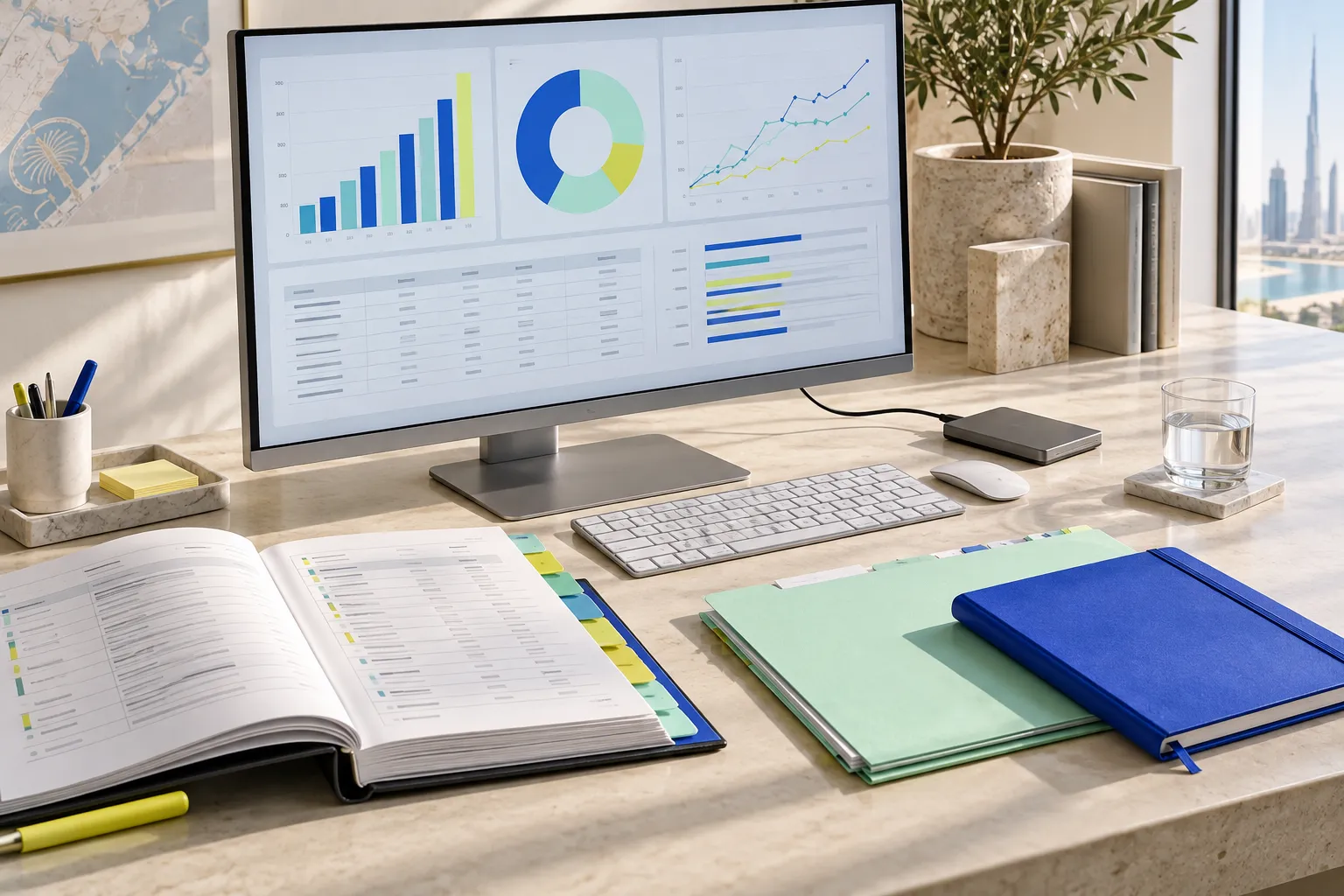 Conceptual service visual: Analytics dashboard beside metric definitions and source-data documentation.