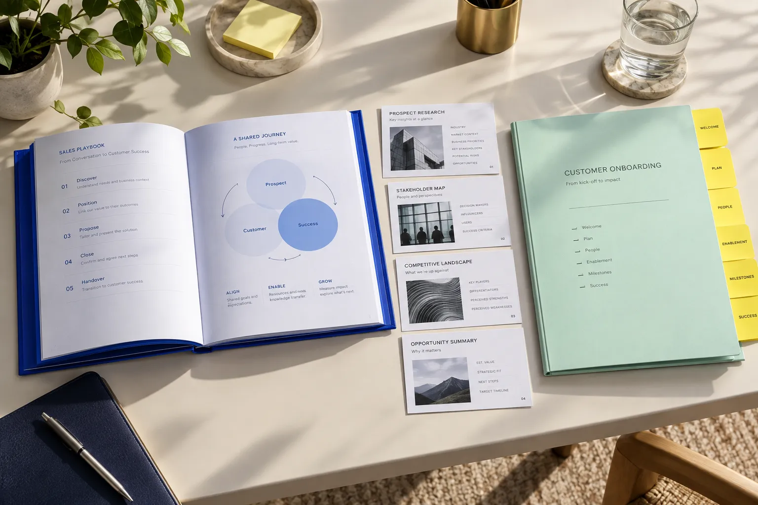 Conceptual service visual: Sales playbook and customer onboarding materials arranged as a handover sequence.