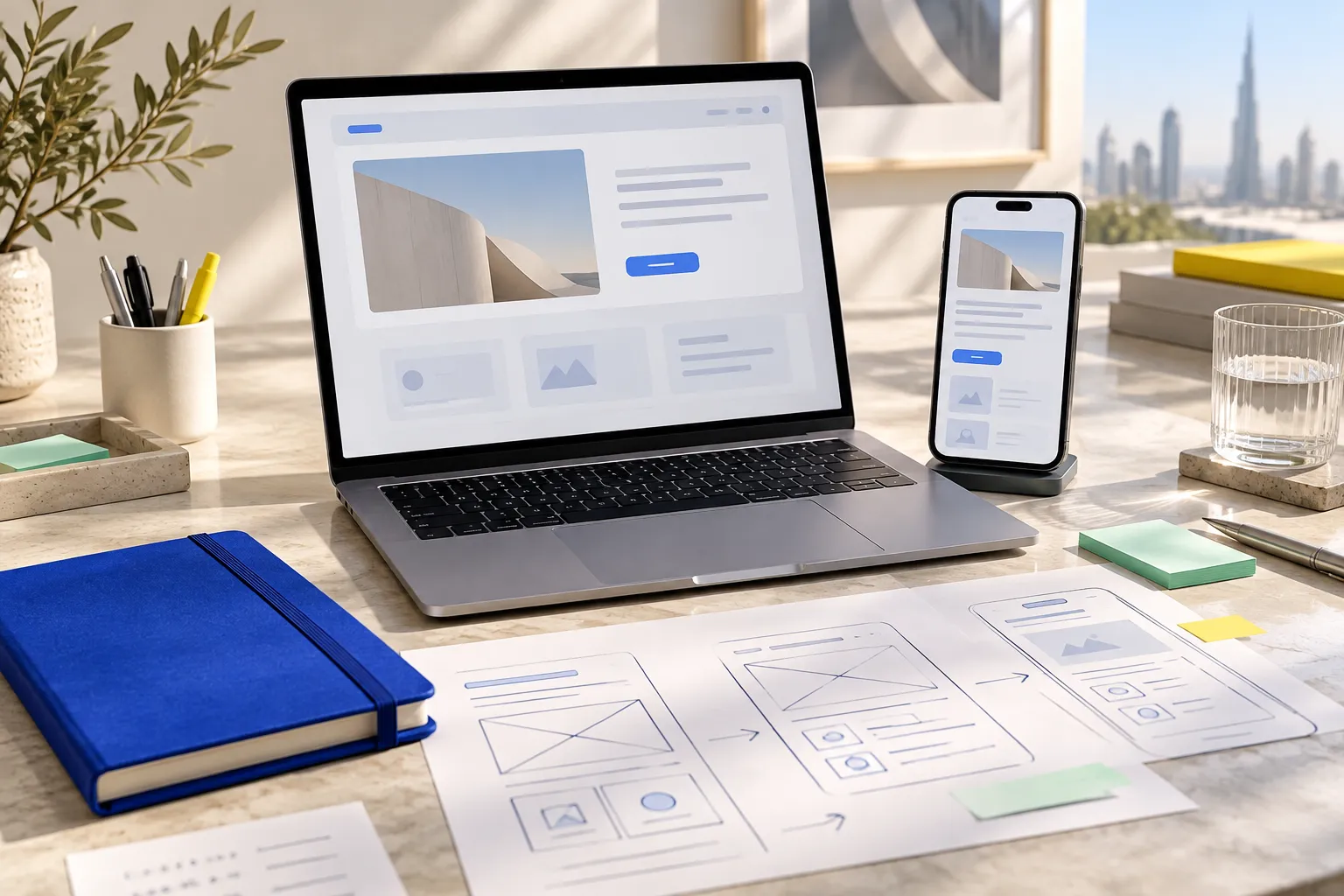 Conceptual service visual: Web and mobile prototypes with paper wireframes and review notes.