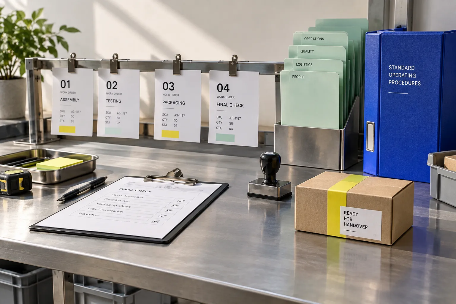 Conceptual service visual: Work orders, role assignments and quality checks on an operations planning table.