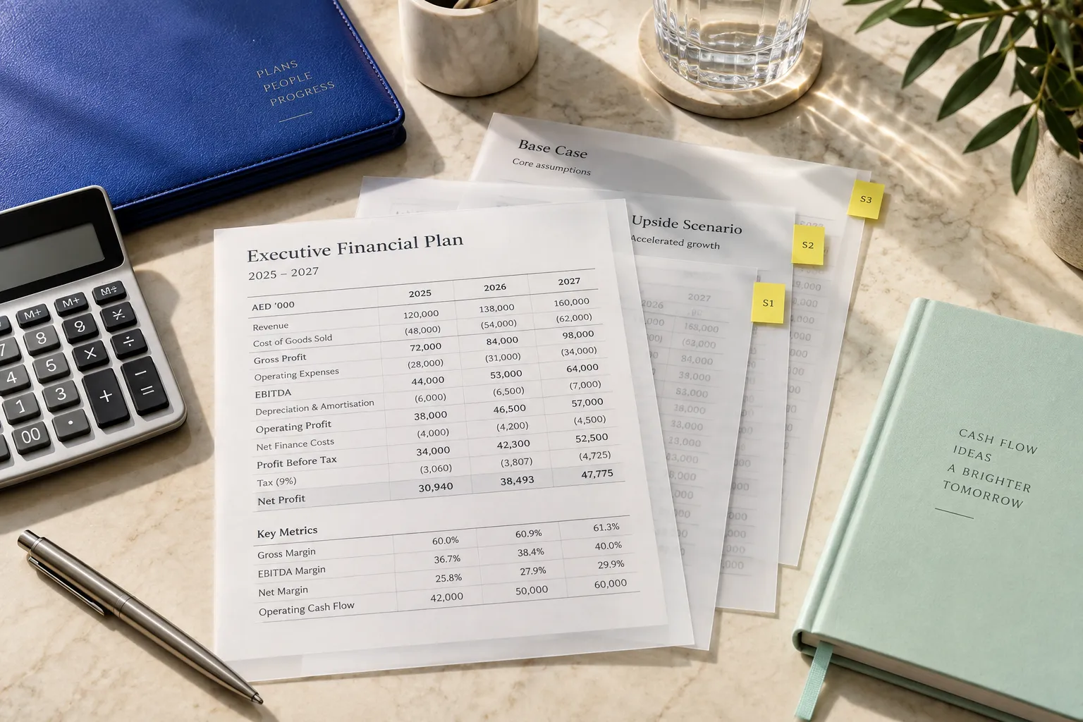 Conceptual service visual: Financial forecast sheets, scenario overlays and budgeting materials.