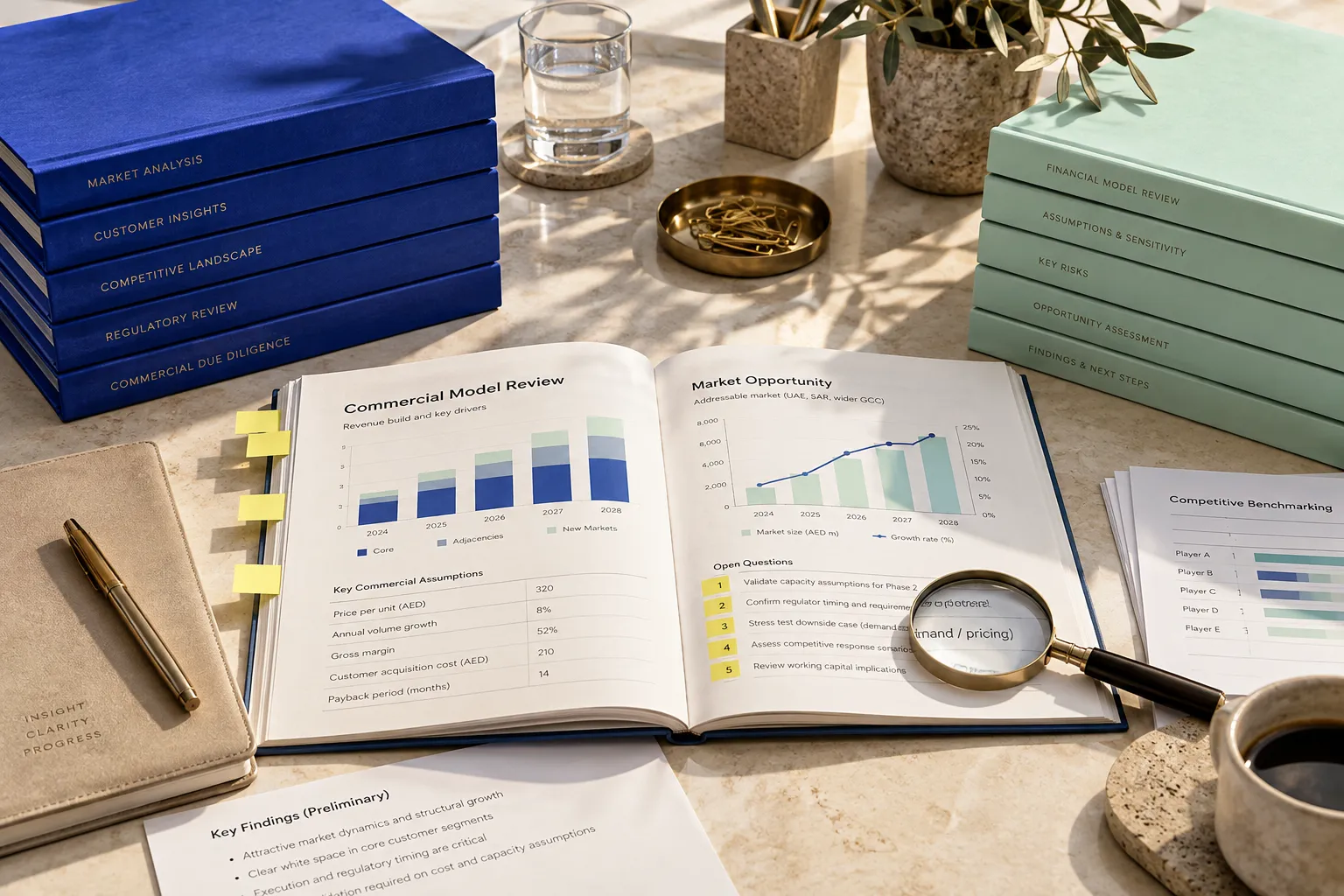 Conceptual service visual: Commercial diligence portfolios, model assumptions and flagged review questions.