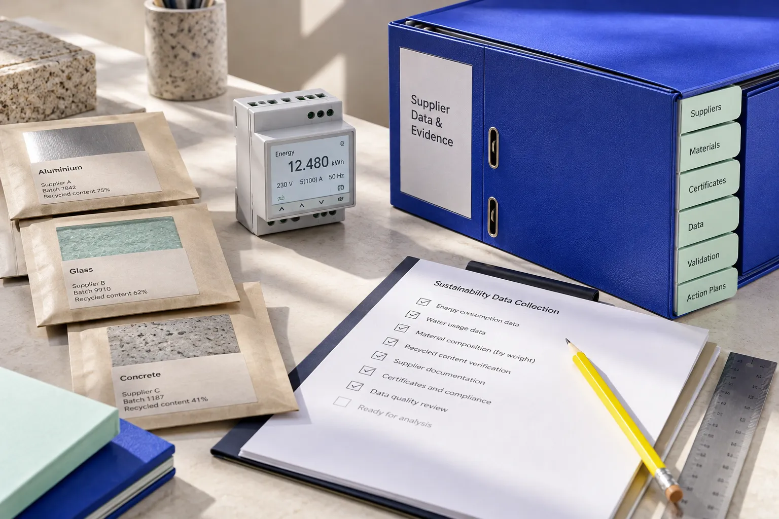 Conceptual service visual: Energy measurement equipment and supplier evidence organised for sustainability reporting.