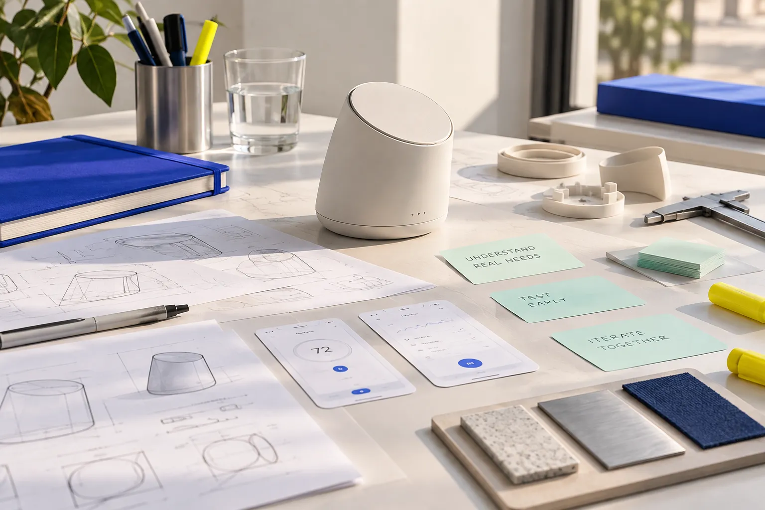 Conceptual service visual: Product prototype, customer-research cards and test materials in a design studio.
