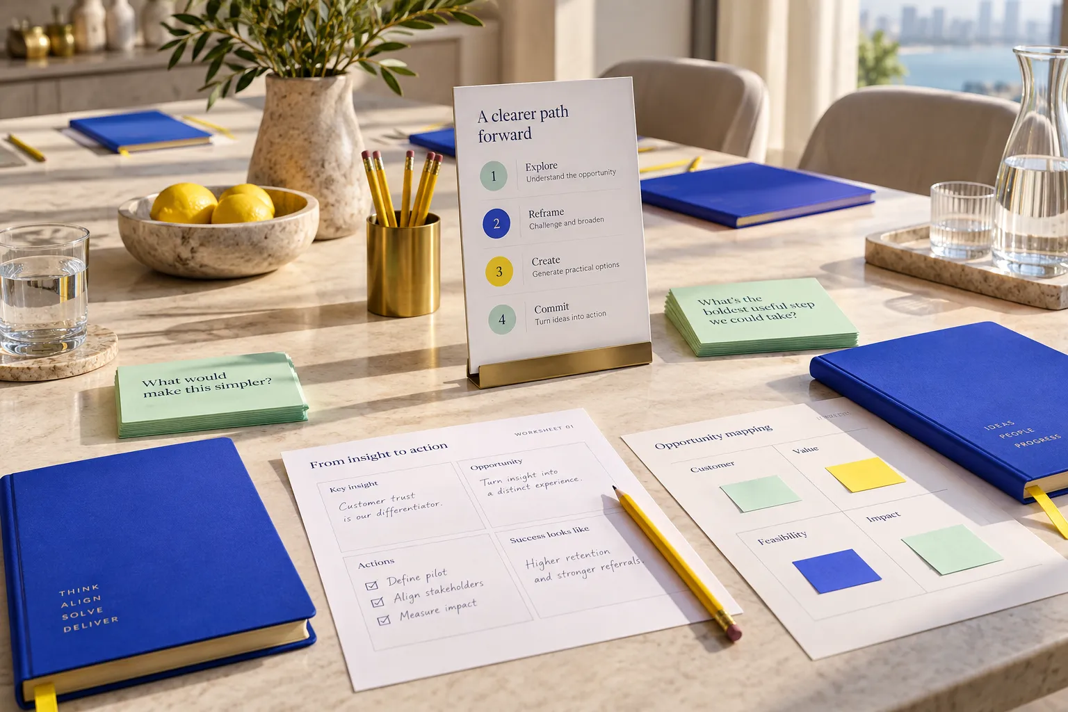 Conceptual service visual: Workshop workbooks, practical exercises and tools ready for hands-on learning.