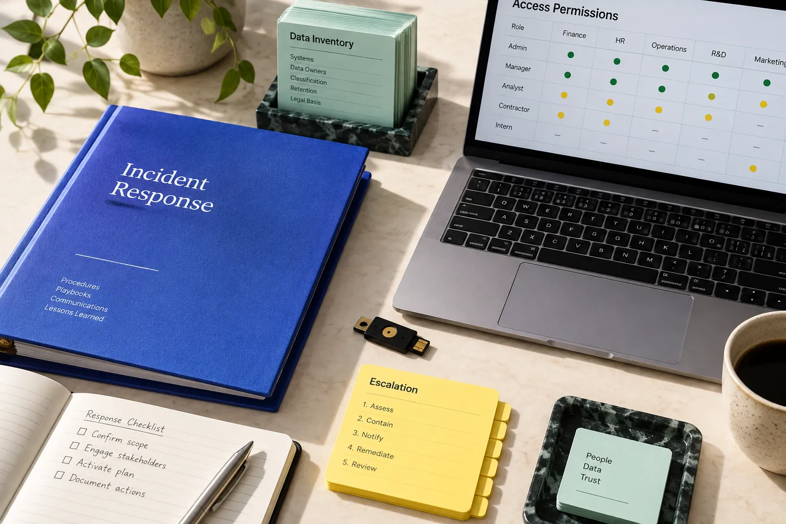 Conceptual service visual: Access controls, a security key and incident-response documentation.