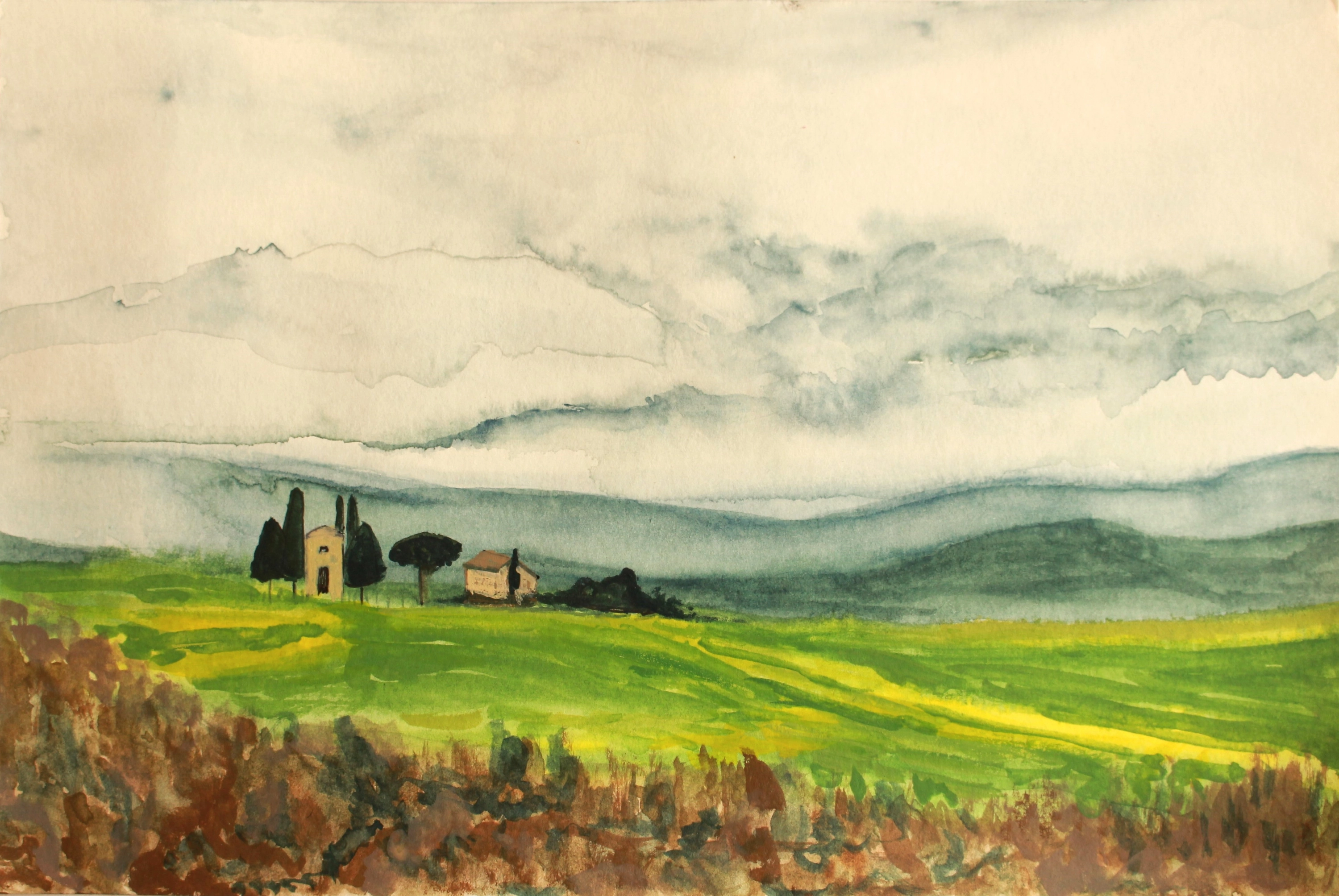A watercolor painting of the grassy hills in Tuscany.