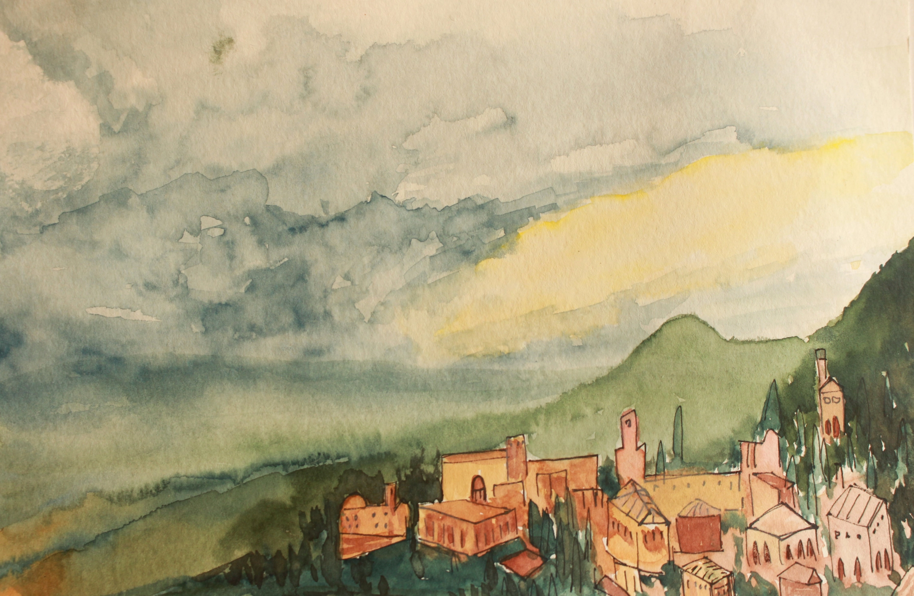 A watercolor painting of the city of Taormina, mountains, and sky.