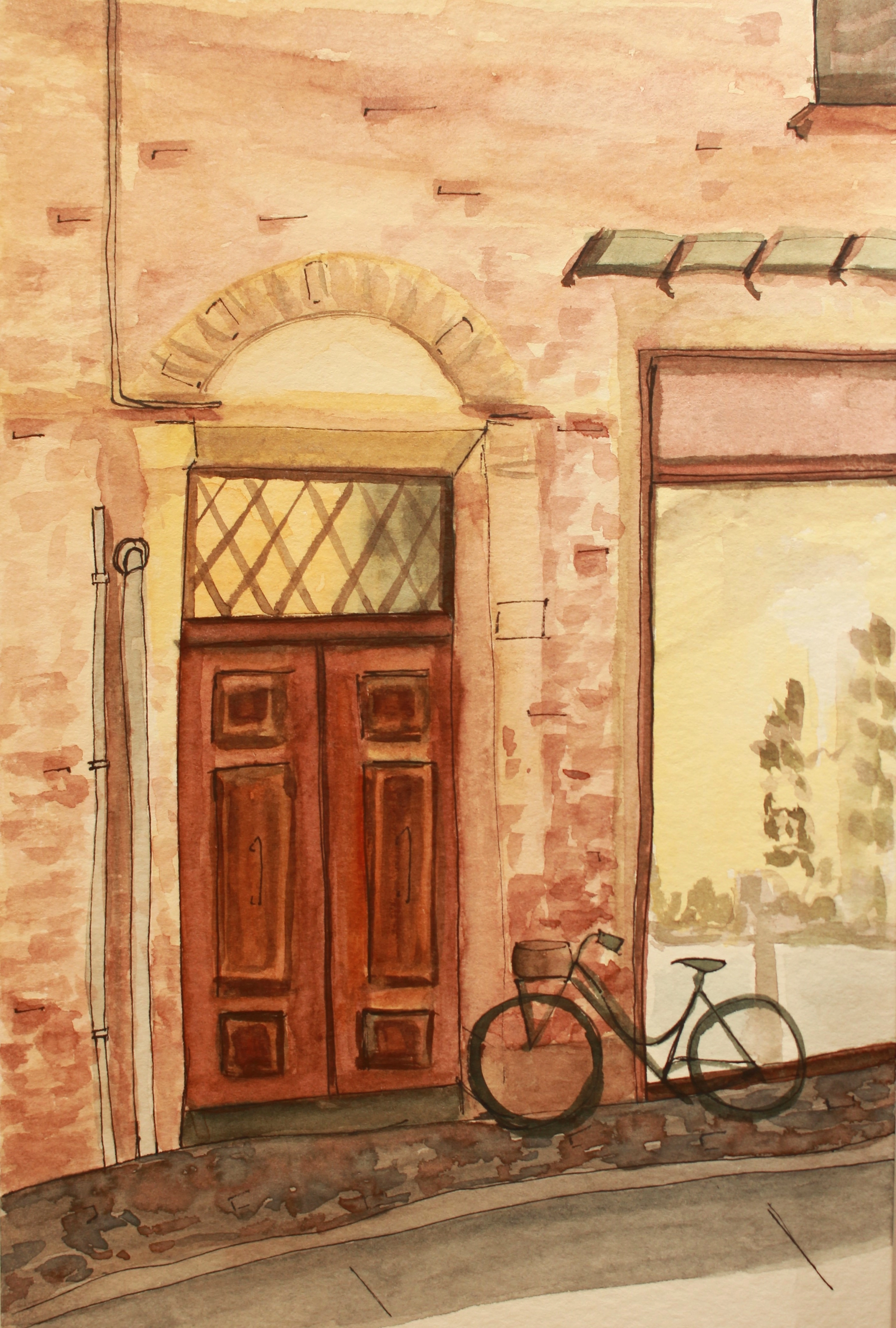 A watercolor painting of a bike and store front in Ferrara. 