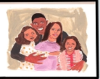 Illustration of a smiling family with two adults and two children embracing each other.