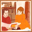 Two women sitting at a table engaged in reading or discussion, illustrated in warm tones.
