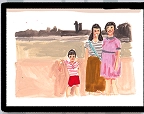 Illustration of three children standing outdoors with a landscape background, two girls and one boy in casual clothes.