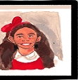 Illustration of a smiling girl with long brown hair, a red headband, and a red shirt with a white collar.