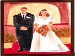 Painting of a bride and groom standing side by side with the bride holding a bouquet of flowers.