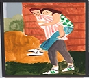 Colorful painting of a couple embracing inside a red brick room with green curtains and a couch.