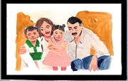 Watercolor painting of a smiling family with two children sitting together.