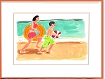 Illustration of two children running on a beach near the water, one holding a beach ball.