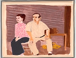 Illustration of a man and woman sitting side by side on a bench against a brown background.