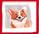 Illustration of a smiling brown and white corgi dog inside a red square border.