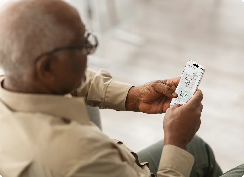 Mature woman wearing glasses and headphones working on a laptop with illustrated plant, folders, and a flying dove in the background.