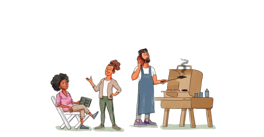 Smiling elderly couple sitting closely on a beige couch with illustrated butterfly, gift box, and green plant behind them.