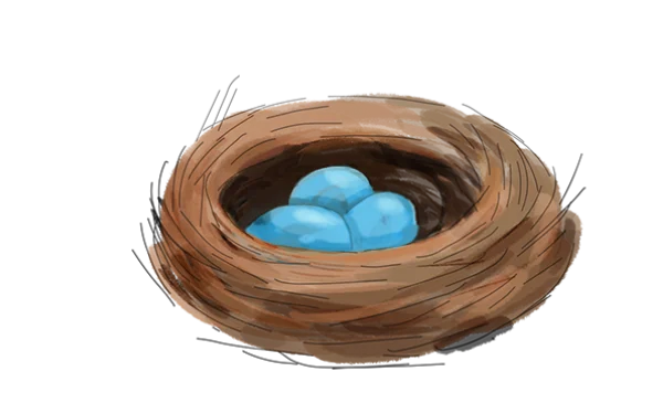 Smiling elderly couple sitting closely on a beige couch with illustrated butterfly, gift box, and green plant behind them.