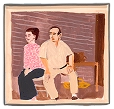 Illustration of a man and woman sitting on a bench against a brown textured wall, with the woman wearing a pink floral top and the man in a beige outfit.