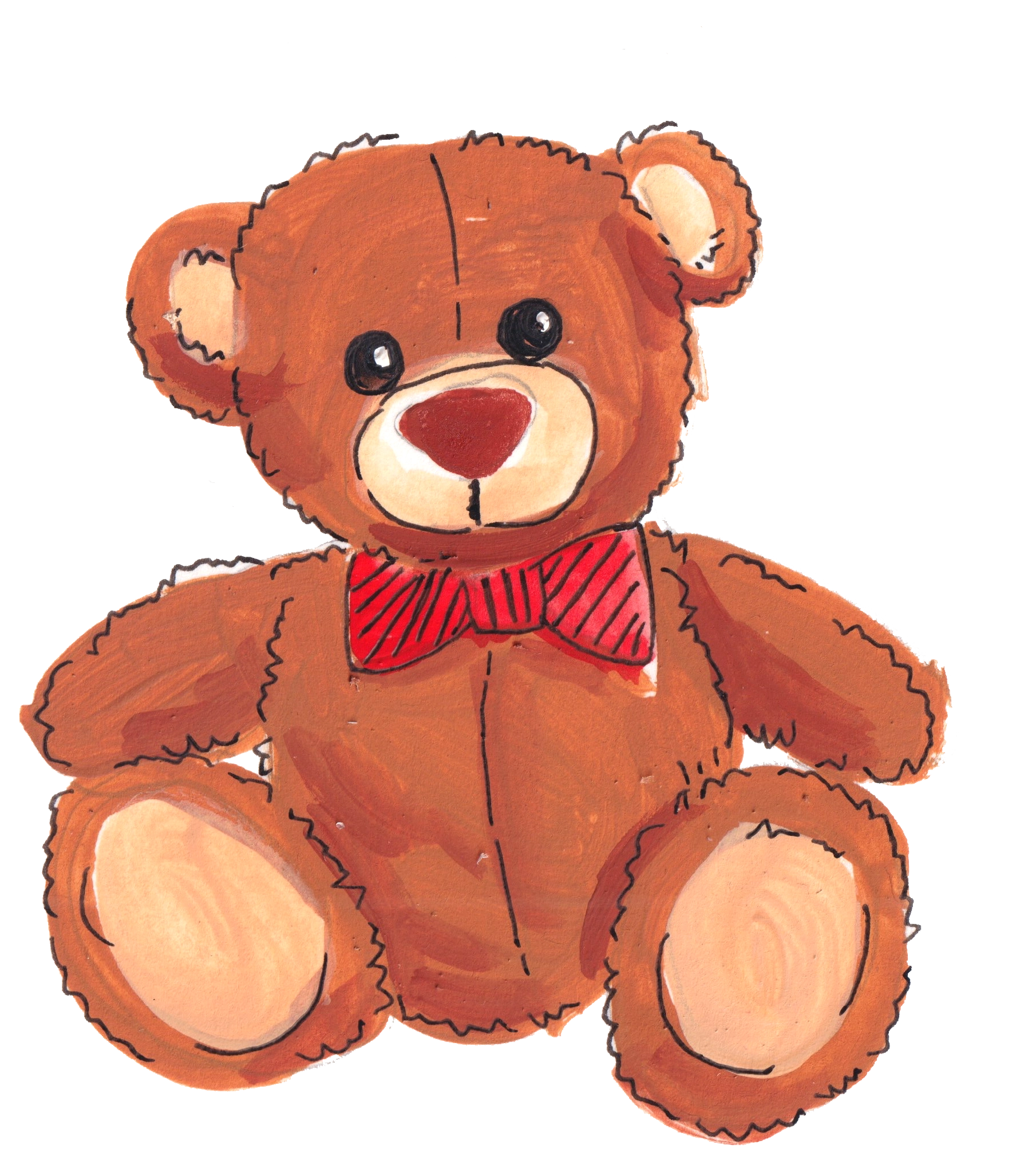 Brown teddy bear with a red bow tie and beige muzzle and paw pads.