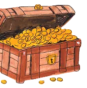 Open wooden treasure chest overflowing with gold coins.