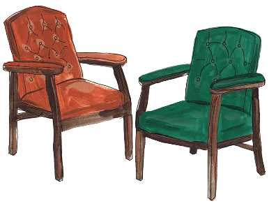 Two mid-century style armchairs with wooden frames, one upholstered in brown leather and the other in green leather.