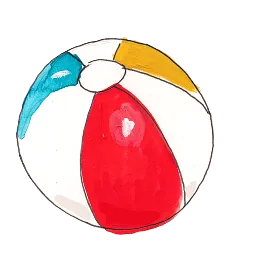 Colorful beach ball with red, blue, yellow, and white panels.