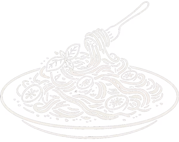 Tekening van een bord spaghetti met tomaatjes, basilicum en een vork die pasta opwikkelt.