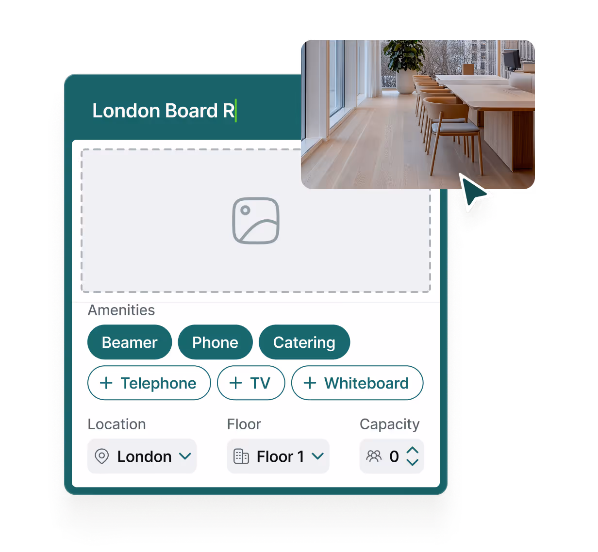 Configure meeting spaces with equipment details, capacity, and photos