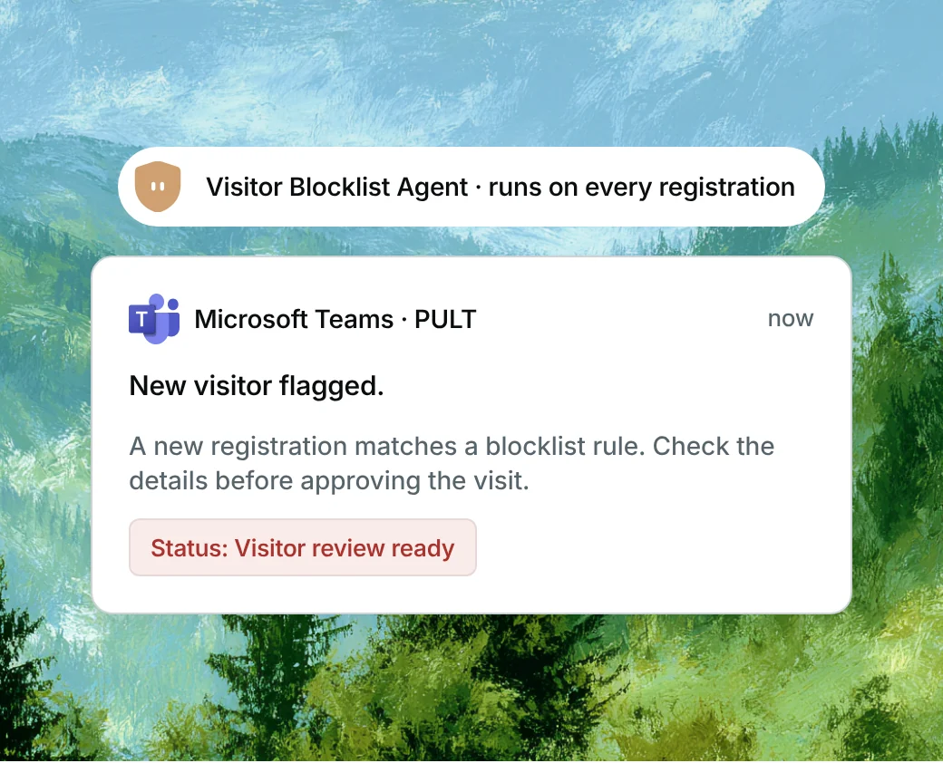 Microsoft Teams alert from the PULT Visitor Blocklist Agent: new visitor flagged