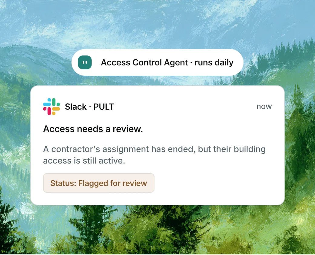 Slack alert from the PULT Access Control Agent: access needs a review