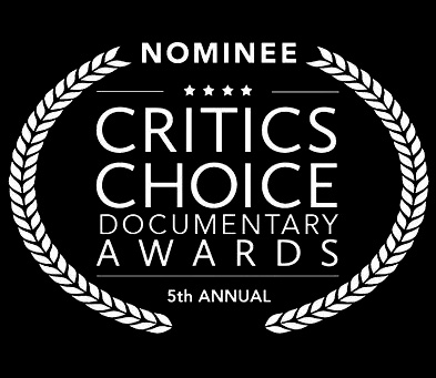 Nominee laurel wreath for the 5th Annual Critics Choice Documentary Awards on black background.