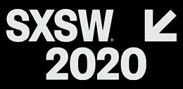 SXSW 2020 logo with a downward right arrow on a black background.