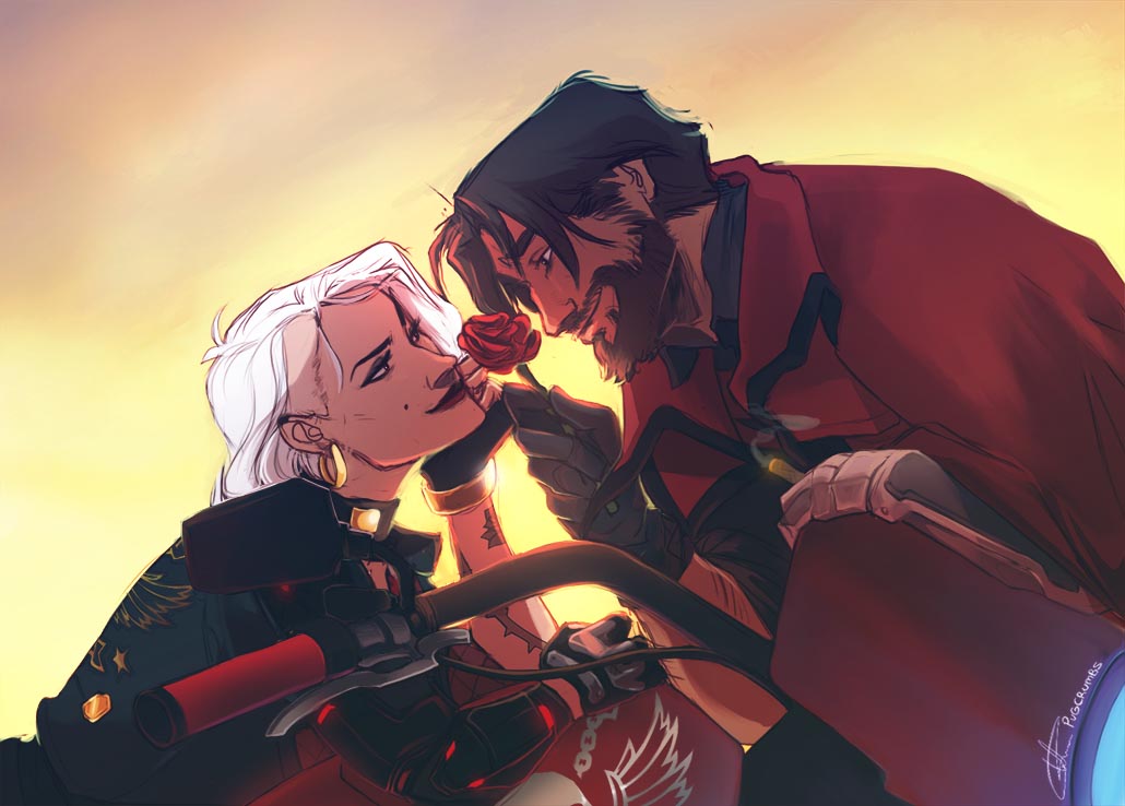 Ashe and Cassidy from "Overwatch", sharing an unlikely moment of admiration as he presents her with a rose.