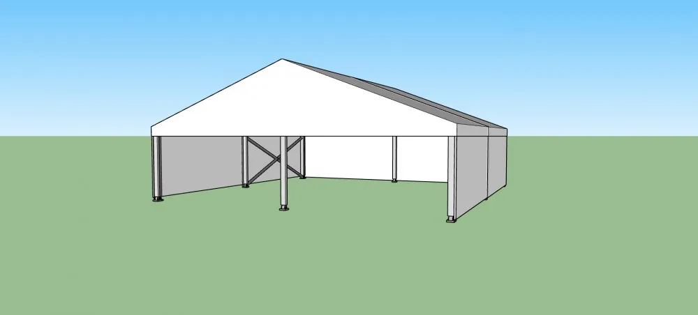 3D vizualizace sedlového stanu 10x10 m s otevřenou konstrukcí a sloupky