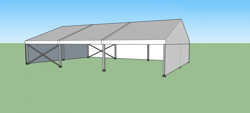 Nový párty stan 10x15 m — 3D vizualizace čelního pohledu s plným opláštěním