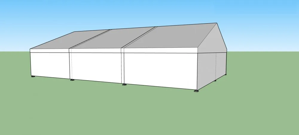 Nový párty stan 10x15 m — 3D vizualizace čelního pohledu s plným opláštěním