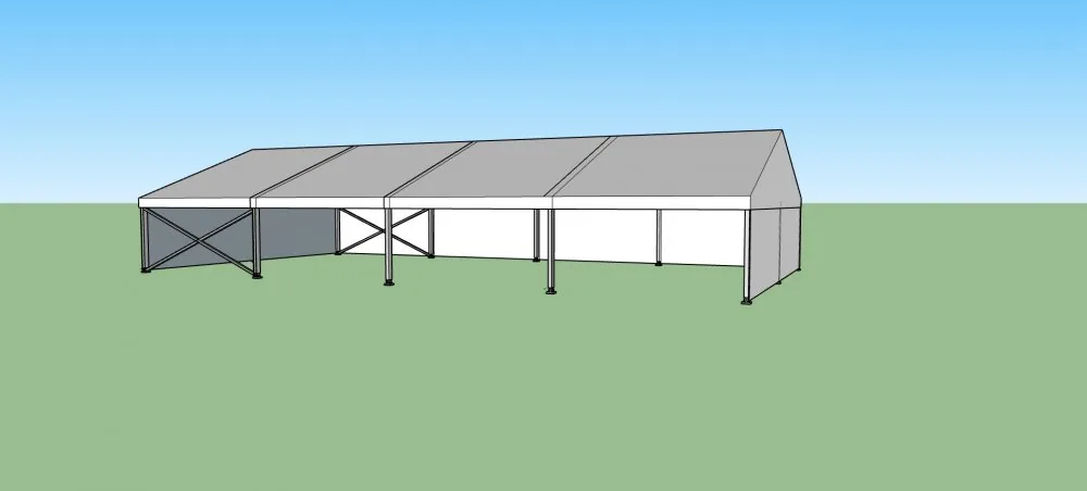 Nový párty stan 10x20 m — 3D vizualizace bočního pohledu s hliníkovou konstrukcí a křížovým výztužením